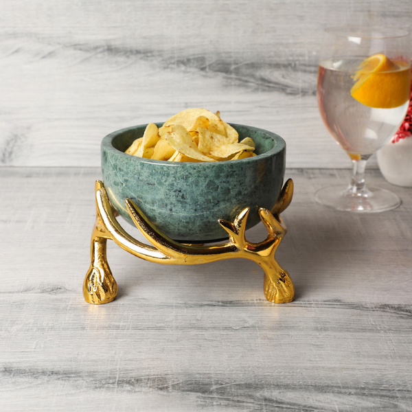 NikkisPride Green Marble 5 inch bowl with gold antler  stand